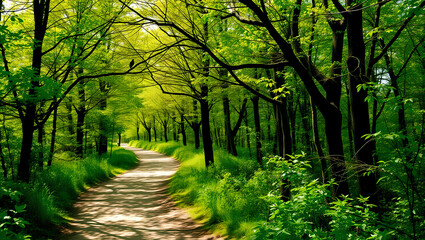 Obraz premium Peaceful Sunlit Forest Path Winding Through Lush Green Trees in Spring