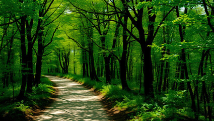 Fototapeta premium Peaceful Sunlit Forest Path Winding Through Lush Green Trees in Spring