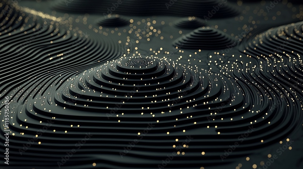 Poster mesmerizing fluid visualization of cascading rainfall patterns flowing across an intricate topograph