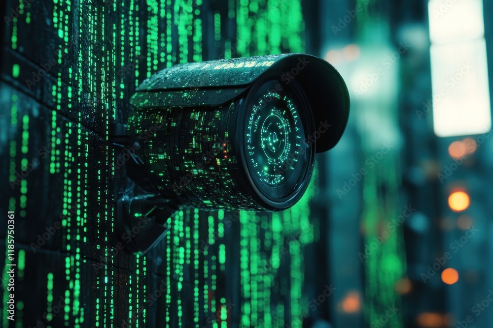 Poster cyber security camera in digital matrix