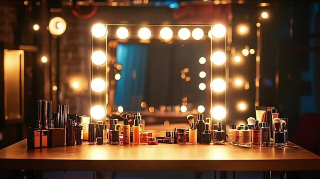 Hollywood style dressing room backstage. mirror, yellow and blue bulb and make up brush on the dressing table