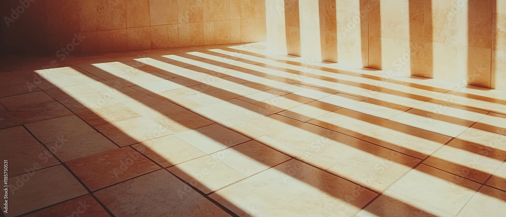Poster Neutral-colored rectangular tiles creating a warm atmosphere with shadow patterns