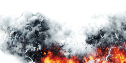 Black smoke storm clouds with fire and lightnings isolated on white background PNG.AI GENERATED