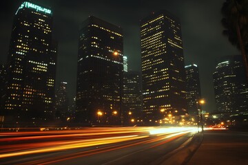 Night cityscape, traffic streaks, downtown, skyscrapers, urban,  Los Angeles, advertising, poster