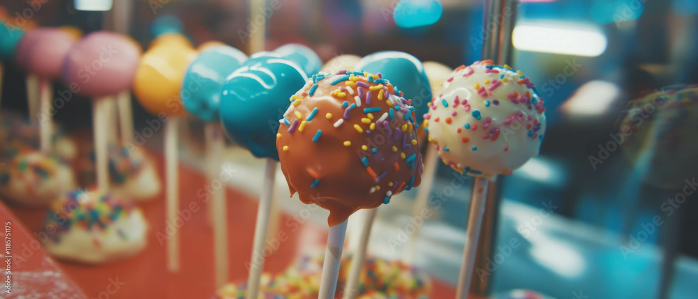 Aufkleber colorful cake pops with various coatings and sprinkles displayed in a festive setting