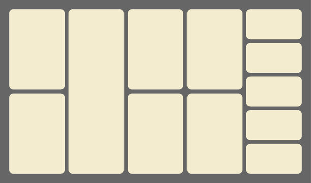 Dimensions 16x9 trendy bento grid layout style brick Ui UX templates. Web comic grids, rounded corners. Different panel layouts with y2k and brutal shapes tiles of different sizes Vector illustration
