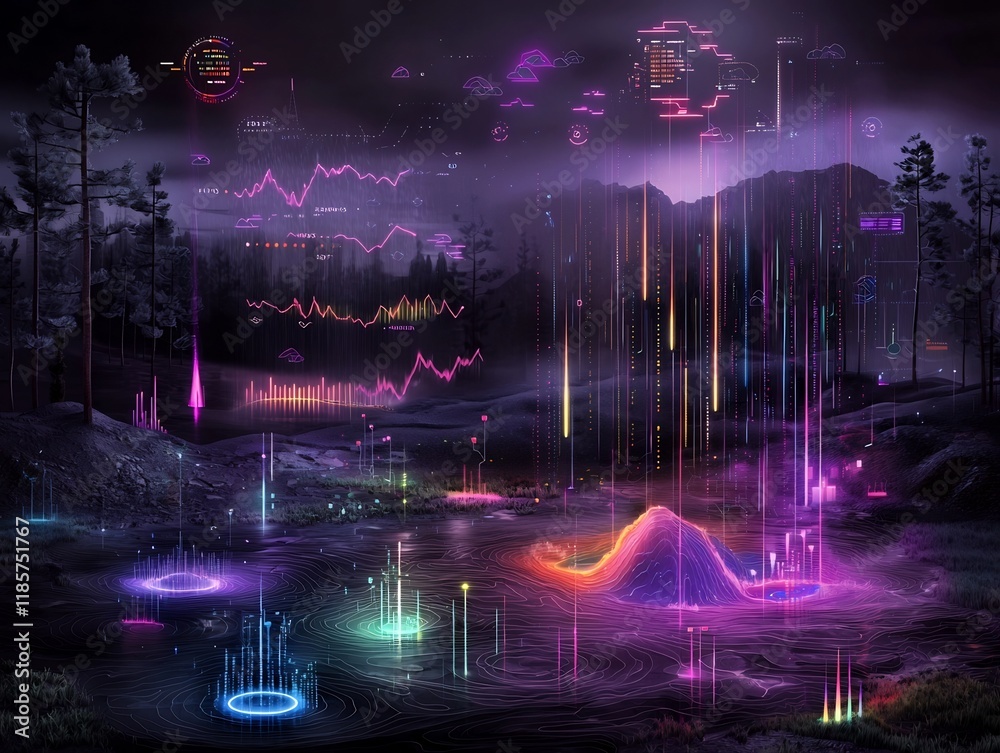 Poster this image presents a captivating futuristic landscape that combines intricate topographic data visu