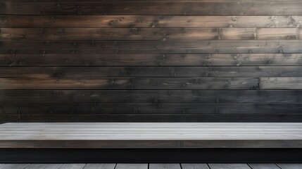 Empty wooden tabletop counter with dark wooden wall background for product placement