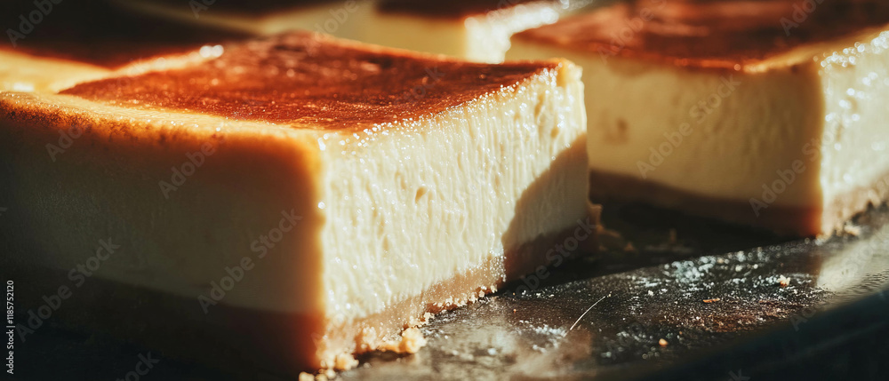 Poster decadent cheesecakes with creamy filling presented on a rustic surface