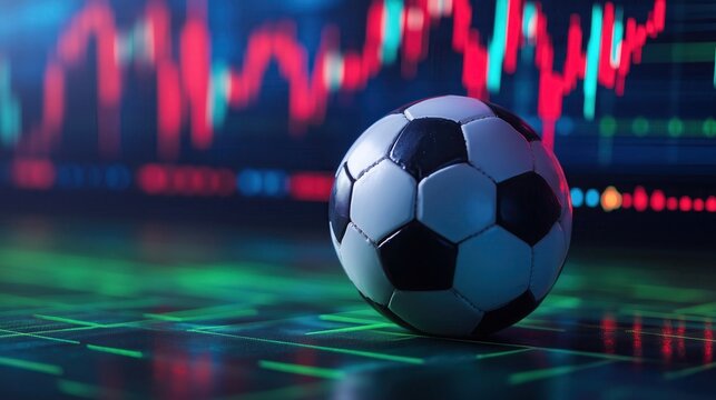 Soccer ball rests on futuristic touch screen displaying live stock market data with fluctuating graph lines - Powered by Adobe