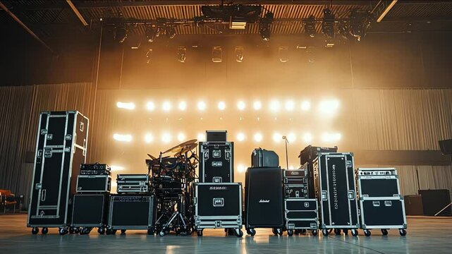 Stacks of Professional Equipment Cases on Stage Floor for Concert Event