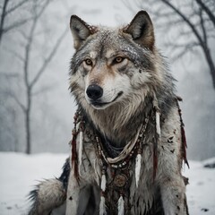 Obraz premium A Japanese-style wolf spirit with traditional markings on a white canvas.