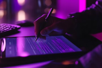 Night coder writing code on tablet, purple light