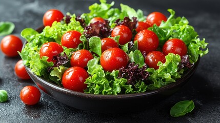 Fresh Cherry Tomato and Mixed Greens Salad in a Dark Bowl