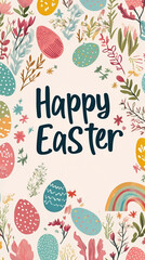 Colorful Easter eggs and flowers with a cheerful Happy Easter message