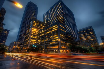 Fototapeta premium City night lights, skyscraper, traffic blur, rain, downtown