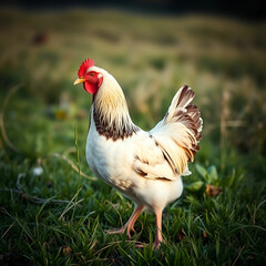 Fototapeta premium Beautiful shot of a chicken standing on the grass in the fields