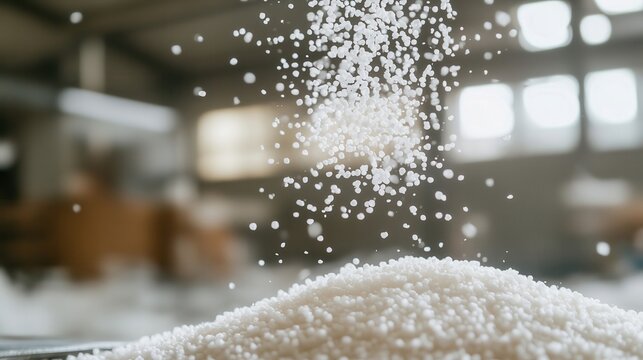 Urea fertilizer granules falling on pile in agricultural chemical production facility