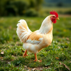 Fototapeta premium Beautiful shot of a chicken standing on the grass in the fields