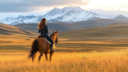 Beautiful woman riding a horse on the grassland under the snow-capped mountains
