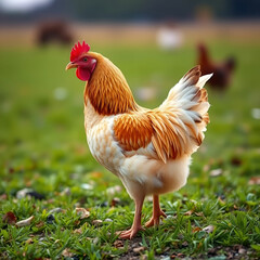 Fototapeta premium Beautiful shot of a chicken standing on the grass in the fields