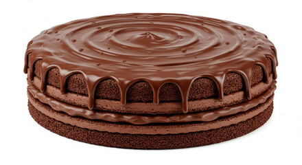 A mouthwatering chocolate cake with a smooth, glossy chocolate topping, showcasing a swirling pattern, perfect for any celebration