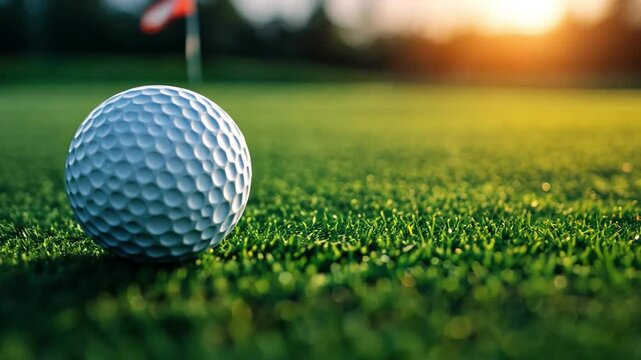 A close-up shot of a golf ball on a lush green course, with a flag in the background.