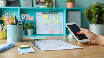 Naklejka premium A desk setup with a calendar, sticky notes, and a smartphone showing reminders Stock Photo with side copy space.