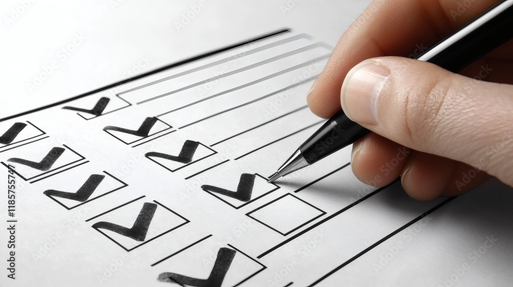 Poster a person crossing out completed tasks on a checklist stock photo with side copy space.