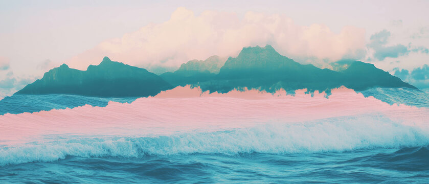 Dynamic blend of ocean waves and mountain peaks in a breathtaking double exposure