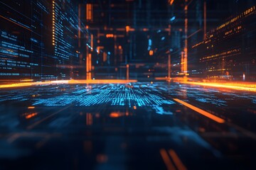 Futuristic digital city, glowing code, data streams, network, technology, background, abstract, innovation, website