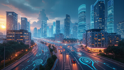 Fototapeta premium Experience Tomorrow: Modern Connected Cities Illuminating the Future of Innovation and Sustainability