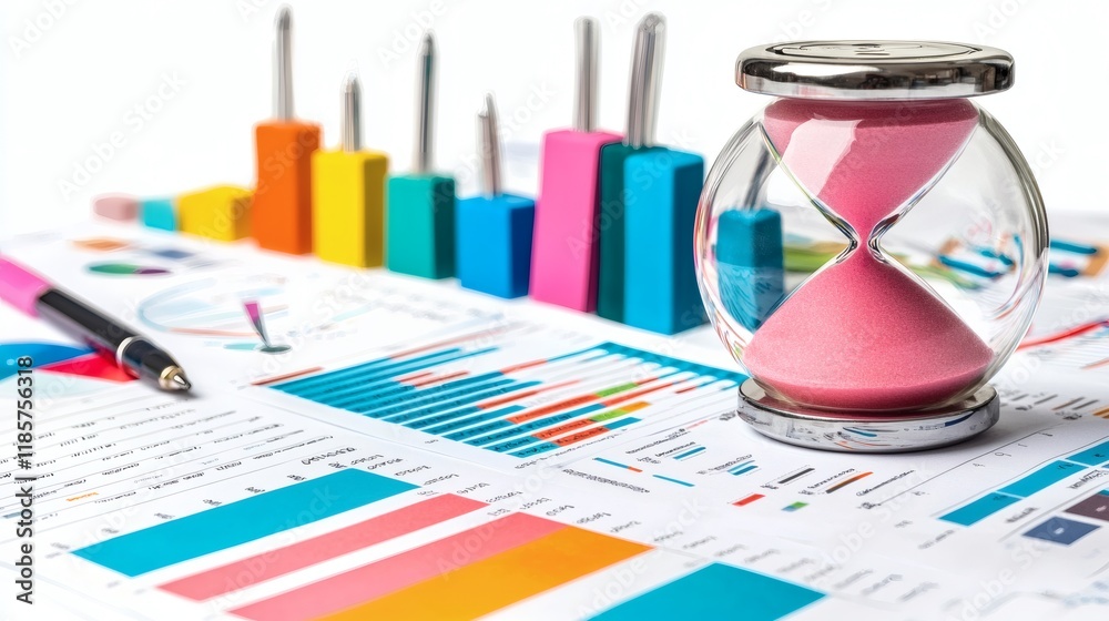 Poster Time management visualized through an hourglass and work documents Stock Photo with side copy space.