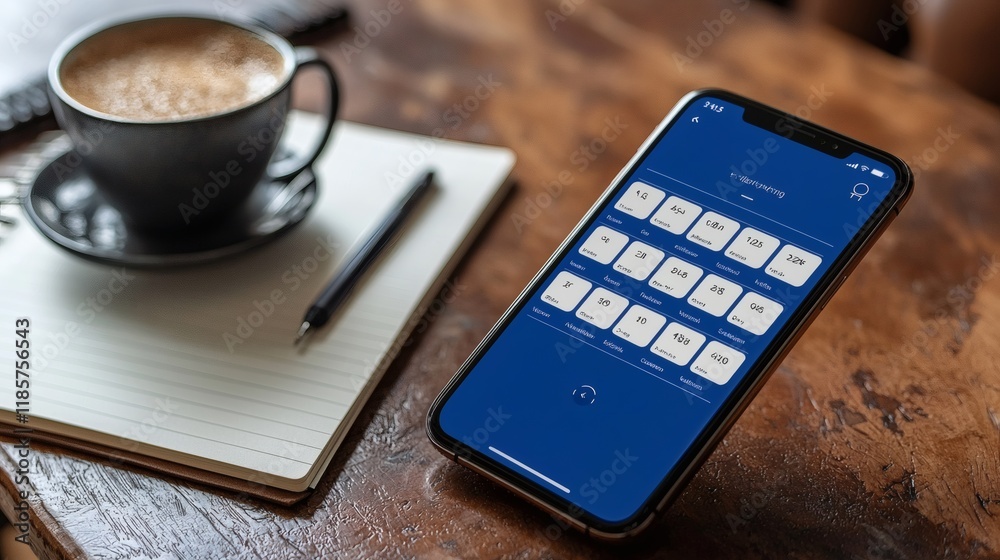 Aufkleber A smartphone screen showing a time-blocking schedule alongside a notebook Stock Photo with side copy space.