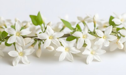 Fototapeta premium White flowers, green leaves, on white background.