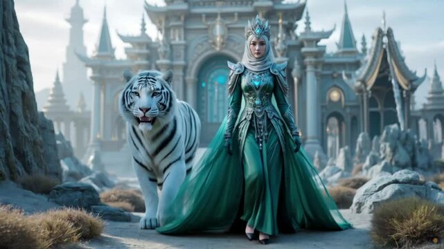 A woman and a lion walking together