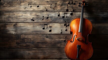 Fototapeta premium Cello rests against wooden background with musical notes