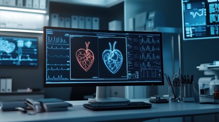 Fototapeta premium A cardiologist's desk with a digital ECG monitor, a stethoscope, and heart anatomy charts on the wall, in a high-tech medical room. 