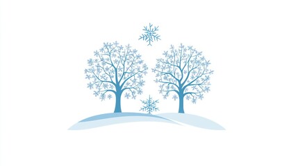 Winter trees on snowy hill, snowflakes in background.  Illustration for use in holiday cards