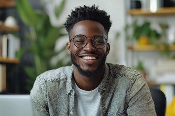 Happy entrepreneur talking while having video call in office. Generative AI