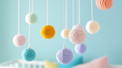 Handmade multicolor baby crib mobile with rattan balls close up on turquoise background