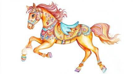 Carousel watercolor clipart. Blue carousel Horse. Nursery clipart. Amusement park illustration.