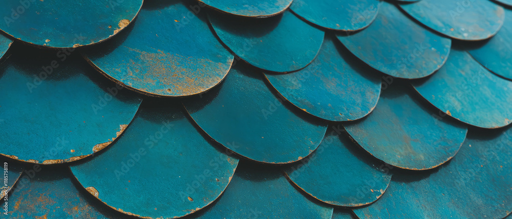 Poster elegant fish scale tile pattern with curved lines in rich turquoise hues