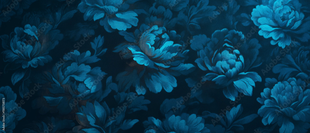 Poster floral damask patterns create an ornate and textured backdrop in rich blue hues