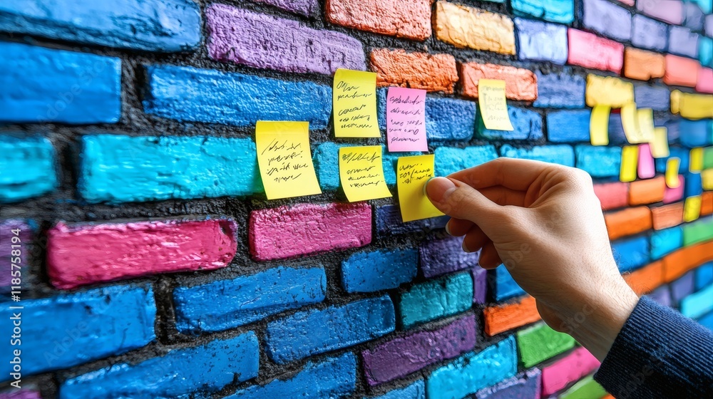 Poster A hand placing sticky notes with written goals on a wall as part of a planning process Stock Photo with side copy space.