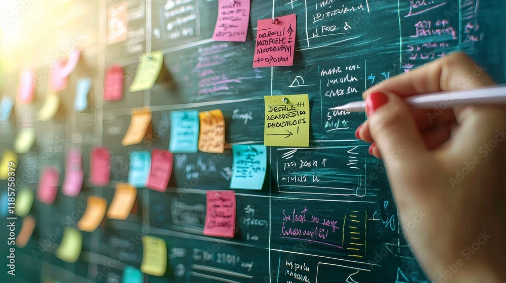 Poster A hand placing sticky notes with written goals on a wall as part of a planning process Stock Photo with side copy space.