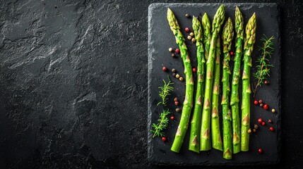 Fresh Green Asparagus on Dark Slate Background