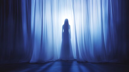 Fototapeta premium A veiled woman stands behind sheer blue curtains