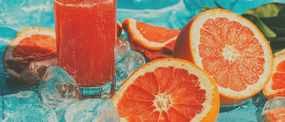 Poster Refreshing grapefruit juice served over ice with fresh slices in a bright setting