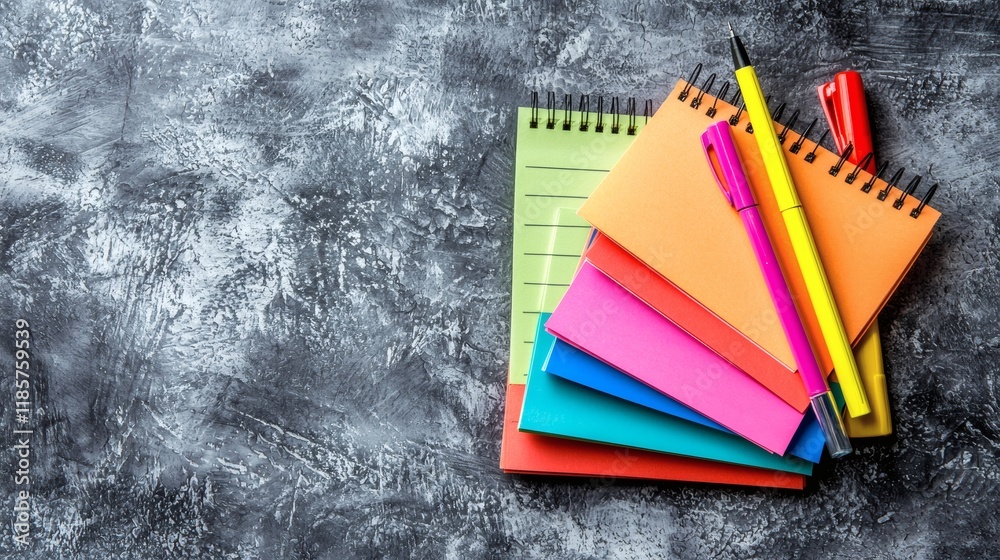 Poster creative goal setting with colorful pens, papers, and a well-organized layout stock photo with side 